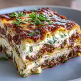 Layers of savory meat sauce, creamy ricotta, and tender pasta noodles are clearly visible in this slice.