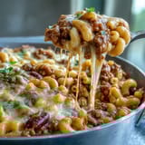 A hearty One-Pan High Protein Chili Mac with ground beef, macaroni, and beans in a rich, smoky tomato sauce, perfect for a weeknight dinner.