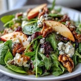 Colorful bowl of mixed greens, crunchy apples, and toasted walnuts, topped with tangy vinaigrette and creamy cheese crumbles.  