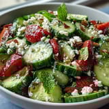 Spring Food Cucumber and Strawberry Salad with Mint: Crisp cucumber slices and juicy strawberries tossed with fresh mint, drizzled with lemon-honey dressing for a bright, refreshing side.