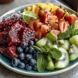 Colorful tropical fruit display featuring mango, pineapple, and berries, garnished with mint and lime for a refreshing appetizer.