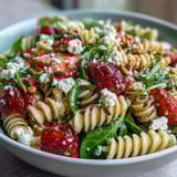 Bright and refreshing pasta salad featuring sweet strawberries, peppery arugula, and crumbled feta for a perfect spring lunch.