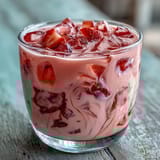 A vibrant pink drink with fresh strawberry slices and creamy coconut milk swirls, inspired by the Pink Starburst candy.