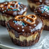 Peanut butter eggs with pretzel crust and chocolate topping in a mini muffin tin, perfect for Easter treats or dessert platters.  