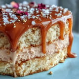 Luscious Rosé Velvet Cake image showing delicate layers and beautiful chocolate gold drizzle.
