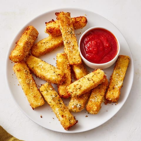Freshly fried mozzarella sticks with crunchy panko breadcrumbs and a melty center, arranged on a white plate ready to be dipped.