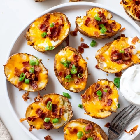 A close-up of baked russet potato halves filled with bubbly cheddar, crispy bacon, and scallions.