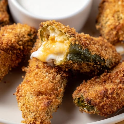 Deep-fried, golden-brown jalapeño poppers with melty cheese filling on a rustic platter.