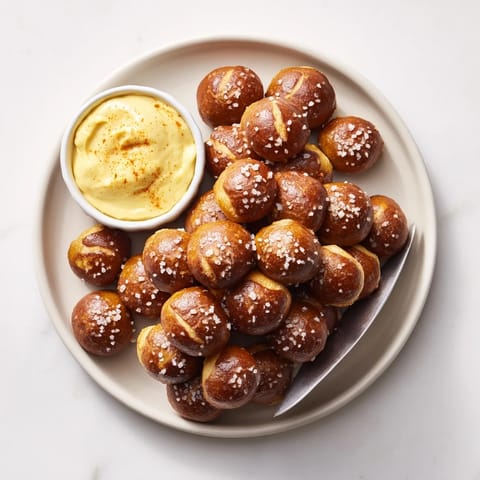 Steam rises from soft Pretzel Bites with Cheese Dip on a rustic wooden board.