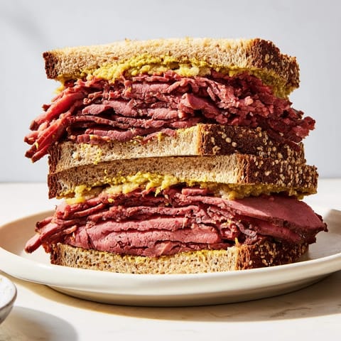 Classic New York deli style Pastrami on Rye sandwich ready to eat, featuring warm stacked meat and sharp mustard on fresh bread.