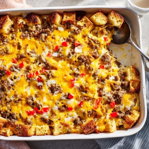 A hearty slice of breakfast casserole showing crispy bread cubes, peppers, and melted cheese on a plate.