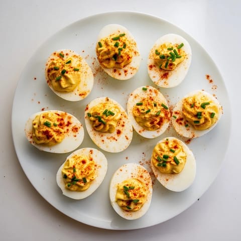 Creamy yolk filling piped into halved hard-boiled eggs, showcasing the tangy mustard and mayonnaise mixture for a snack.