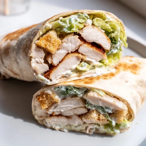 A close-up of the Caesar Chicken Salad Wrap shows juicy chicken, shaved parmesan, and fresh lettuce filling the warm tortilla.  