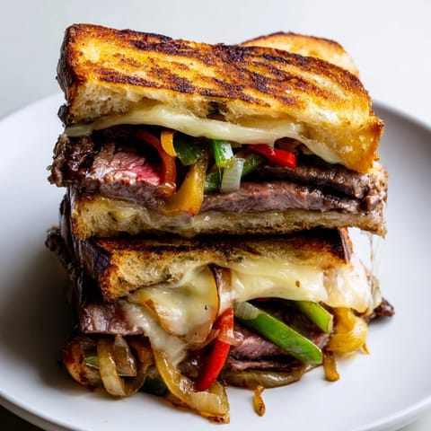 A close-up of a Philly cheesesteak grilled cheese with golden, buttery sourdough and a gooey, cheesy interior.