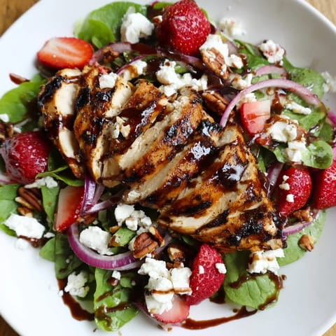 A vibrant salad with tender chicken, sweet strawberries, creamy goat cheese, and toasted pecans, tossed in a luscious honey balsamic dressing.  