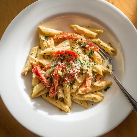 Savory Creamy Cajun Pasta served steaming hot, featuring tender pasta ribbons and vibrant bell peppers in a velvety, cheese-laced sauce.