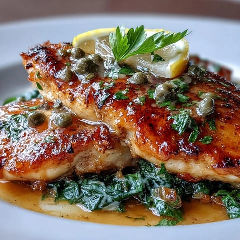 A close-up of tender chicken in a bright lemon butter sauce, with wilted spinach and a sprinkle of fresh herbs on a rustic plate.