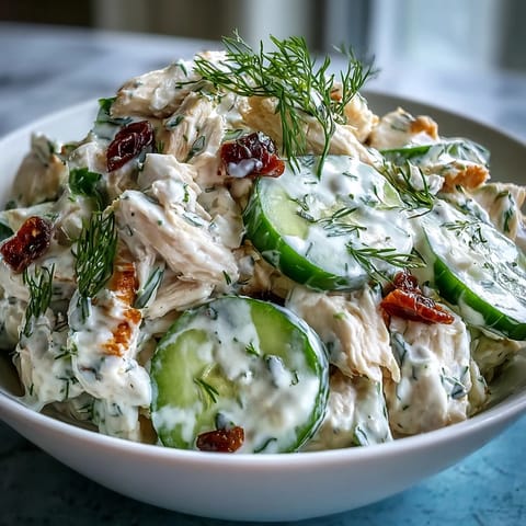 Close-up of refreshing Cucumber Chicken Salad, showcasing creamy dill dressing and crisp ingredients.