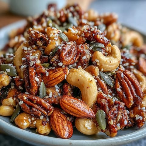 A close-up of the spiced nuts and seeds mix reveals a colorful blend of pumpkin and sunflower seeds on a rustic wood surface.
