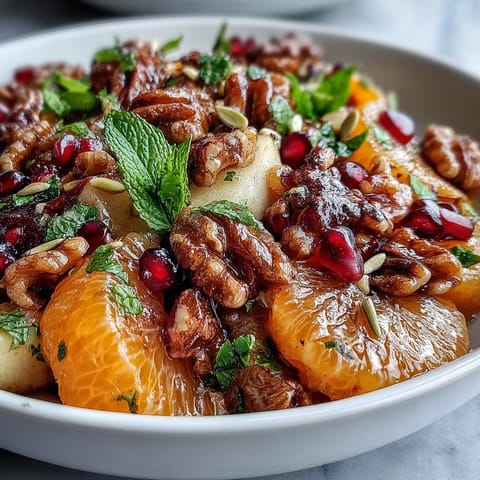 Bright pomegranate seeds and walnuts in a vibrant Pomegranate and Walnut Salad, topped with fresh mint leaves.