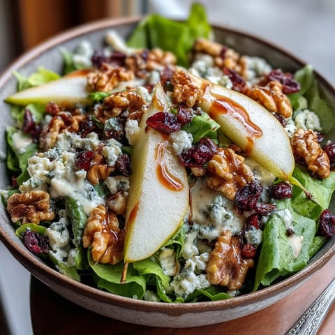 Juicy sliced pears and tangy Gorgonzola cheese atop crisp greens, drizzled with honey-balsamic vinaigrette.  
