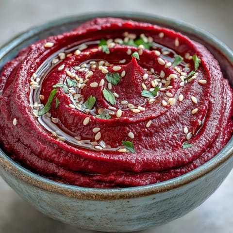 Creamy roasted beet hummus in a white bowl, garnished with olive oil, parsley, and sesame seeds, served with pita chips and fresh vegetable sticks.