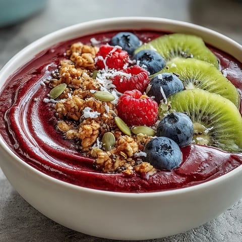 Two vibrant Beet and Berry Smoothie Bowls garnished with fresh berries, coconut, and mint.