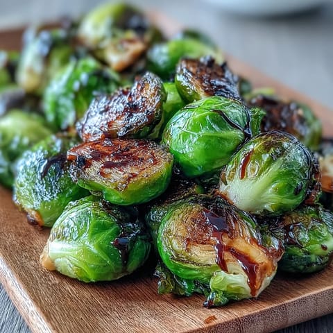 Roasted Brussels sprouts with balsamic reduction served warm as a healthy side dish.