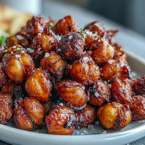 Golden-brown crispy chickpea snack roasted with warm spices like paprika and cumin on a baking sheet.  