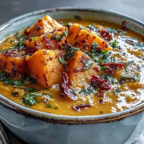 A close-up of butternut squash and lentil soup in a rustic bowl, garnished with fresh cilantro, steam rising warmly.