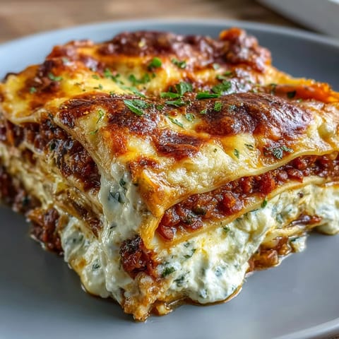 A single pan of One-Pan Smoky Veggie Lentil Lasagne with layered pasta, red lentil bolognese, and ricotta.  