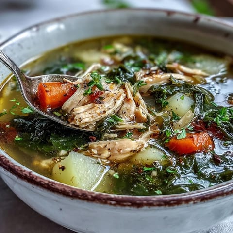 Tender shredded chicken, potatoes, and chopped collard greens simmer in a savory broth in this hearty soup.  