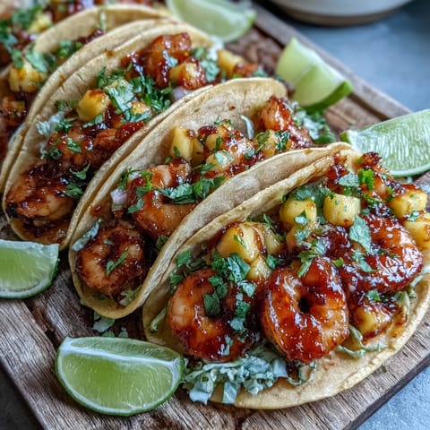 Three Sriracha Shrimp Tacos filled with saucy shrimp and mango salsa, served with lime wedges on the side.