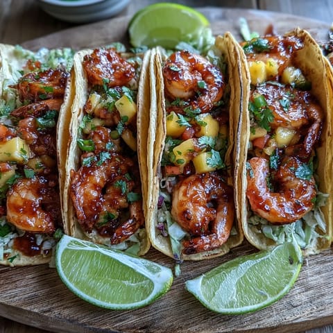 Warm Sriracha Shrimp Tacos topped with fresh mango salsa and shredded red cabbage on a plate.