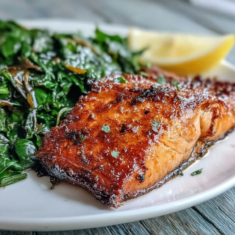 Golden-brown, crispy skinned Air Fryer Salmon fillets rest atop a pile of wilted garlicky Swiss chard, served with fresh lemon wedges on a white plate.