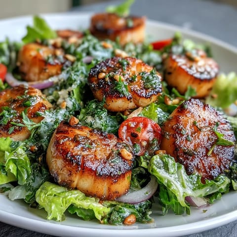 Tender, pan-seared scallops topped with shaved Parmesan and toasted pine nuts on a bed of fresh escarole.