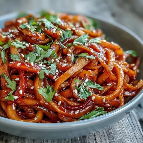 Crisp roasted swede noodles with gochujang sauce and fresh scallions served in a ceramic bowl.