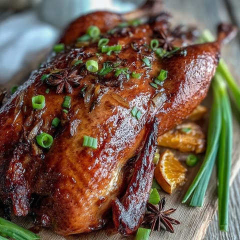A whole Five-Spice Roast Duck glistening with a honey glaze, infused with orange and star anise, resting on a wooden cutting board.