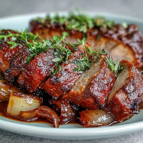 Freshly roasted slices of Pork and Aromatic Rhubarb Traybake glazed with honey and spices on a rustic tray.