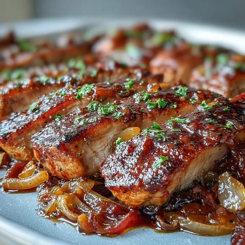 Fork-tender Pork and Aromatic Rhubarb Traybake served alongside roasted potatoes and fresh parsley garnish.