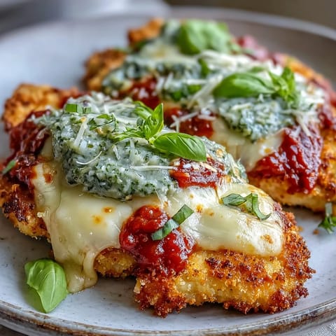 Golden-brown breaded chicken breasts topped with fresh basil pesto, marinara sauce, and melted mozzarella and Parmesan cheese.