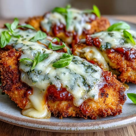 Savory Pesto Chicken Parmesan baked to bubbly perfection, plated with a fork ready to enjoy for dinner.