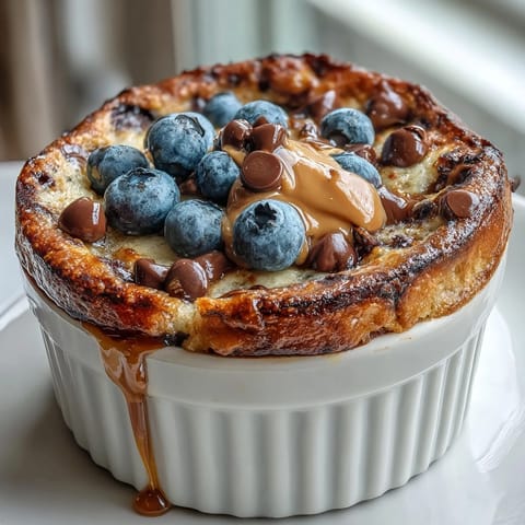 A fluffy, single-serve baked protein pancake bowl filled with chocolate chips and a dollop of yogurt, ready to eat.