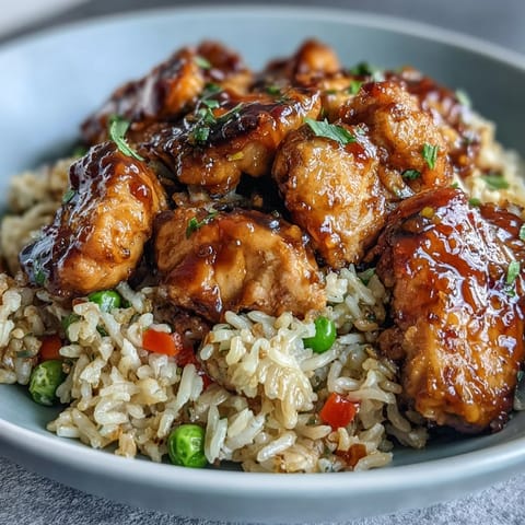 Golden-brown honey BBQ chicken pieces glisten beside fluffy rice and steamed mixed vegetables in a skillet for the One-Pan Bold Honey BBQ Chicken Rice.