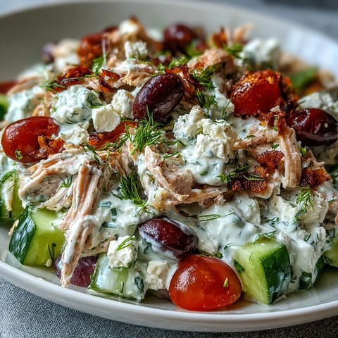 A bowl of Tzatziki Chicken Salad with creamy yogurt, tender chicken, and fresh dill on a bed of spinach.