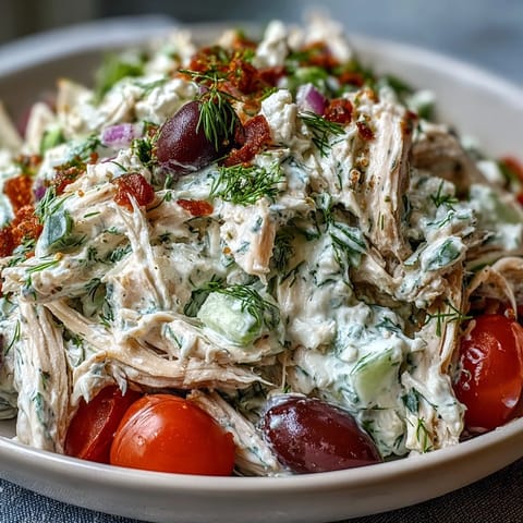 Bright Mediterranean Tzatziki Chicken Salad with diced avocado, cherry tomatoes, and crumbled feta cheese for serving.