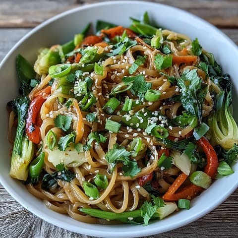 Shirataki noodle bowl with crisp bok choy, red bell pepper, and carrots, tossed in a fragrant ginger sauce.