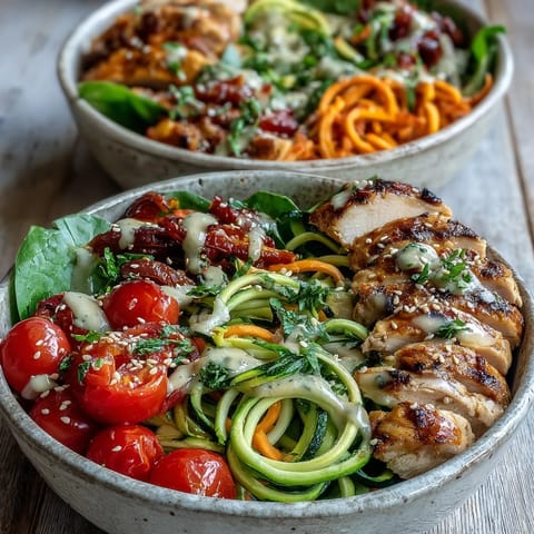 A vibrant Spiralized Vegetable Bowl topped with grilled chicken, fresh cherry tomatoes, and a creamy tahini drizzle.