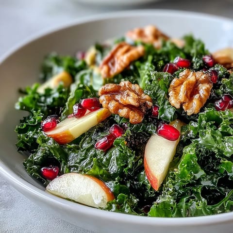 Fresh kale and vibrant pomegranate seeds in a salad bowl with sliced apples and chopped walnuts, dressed in a light vinaigrette for a healthy lunch.