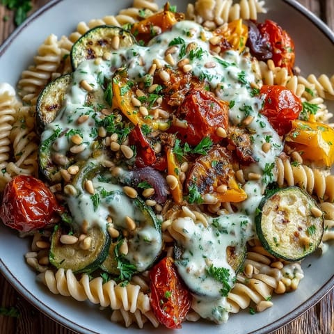 Whole wheat pasta bowl garnished with toasted pine nuts and fresh parsley.